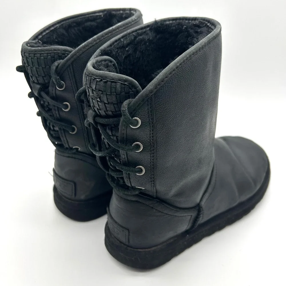 UGG Australia Mariana Boots Womens 6 Black Leather Shearling Lined Rear Lace‎ Up